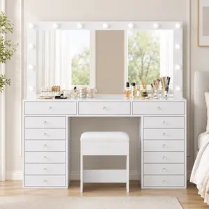 55" W Vanity Desk [Shipping by 2 Packages] Makeup Vanity with Charging Station, 15 Drawers Vanity with Lighted Mirror, 3 Lighting Modes, Brightness Adjustable, Glass Top, Vanity Table with Chair for Bedroom,SummerVibe