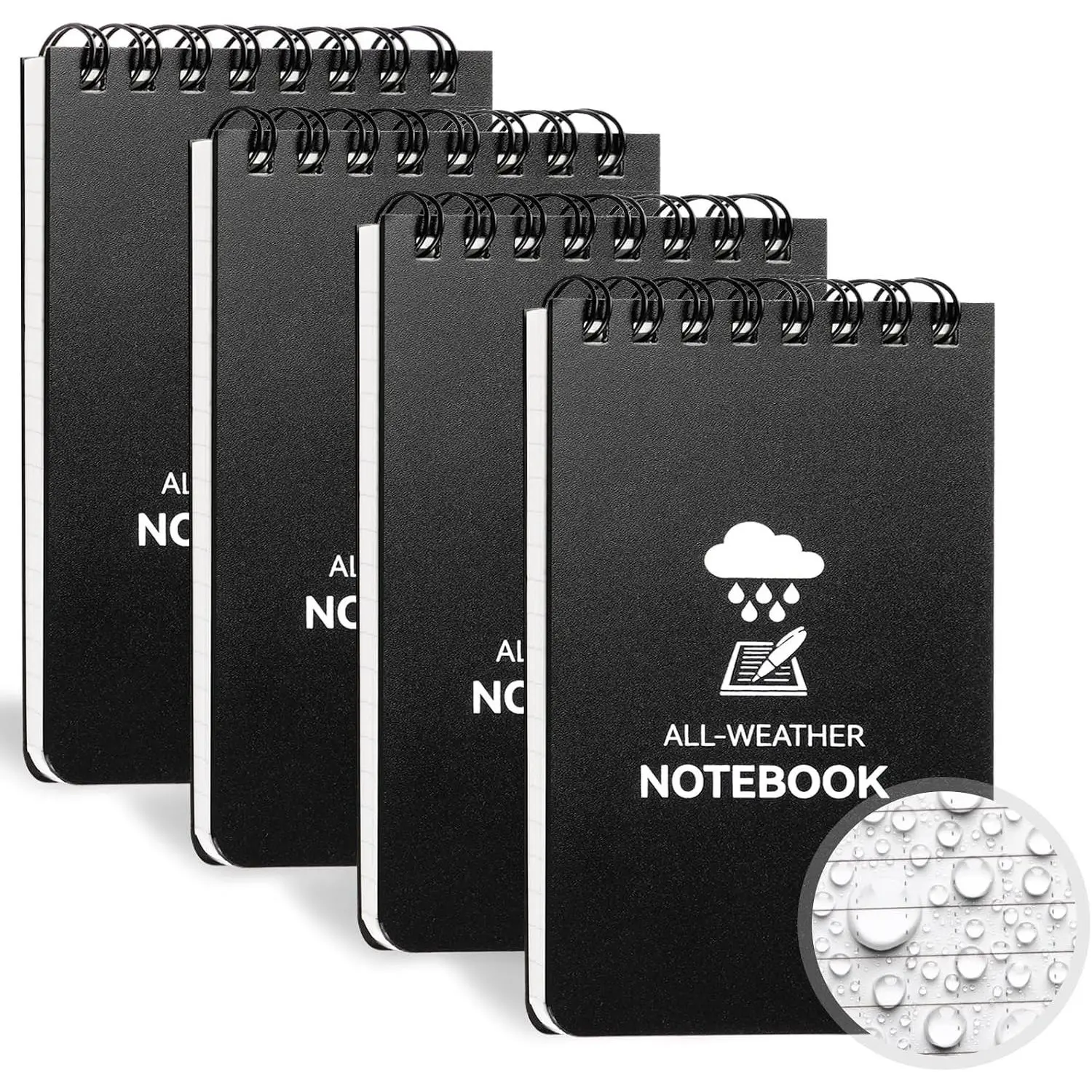 Waterproof Top-Spiral Notebooks, 4 Pack of 3 x 5 Inch Compact Pocket Steno Pads, All-Weather with PVC Covers for Outdoor Recording, All Seasons
