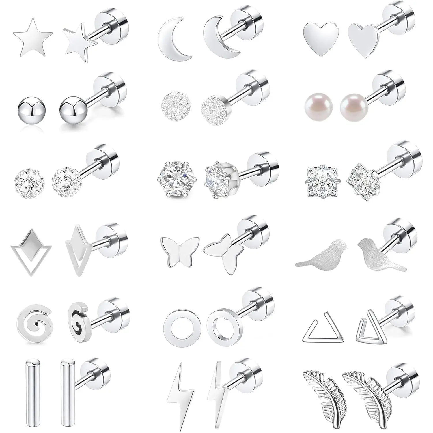 2D Flat - 18 Pairs Women'S Hypoallergenic Flat Back Stud Earrings, 20G Stainless Steel Earrings Sets for Men, Tiny Unisex Screw Back Cartilage Earrings