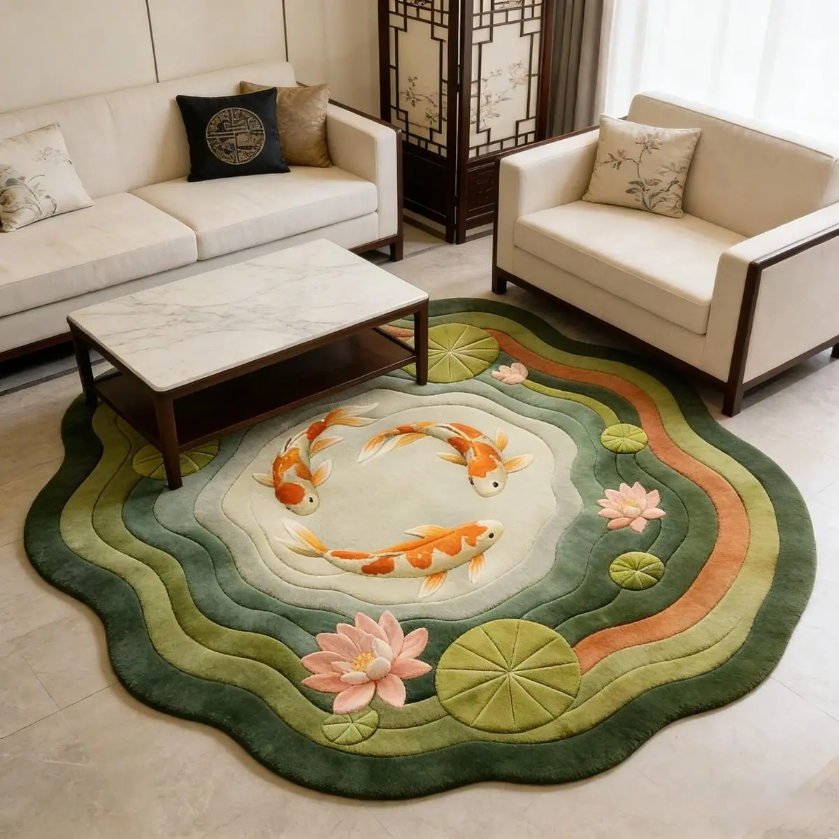 Vintage Style Irregular Shape Koi Fish Pond Lotus Pattern Rug, Washable Plush Carpet for Living Room Bedroom Balcony Outdoor Decor, Home Decorative Rugs, Irregular Design Rug, Soft Area Rug, House Decor Rug