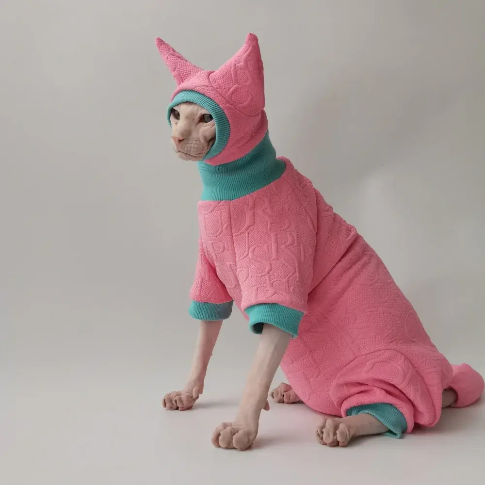 Elegant Pink Cat Suit & Hat Set for Sphynx & Devon Rex | Cozy 4-Legged Coat & Tail Cover | Spring Fashion Jumpsuit for Female Felines