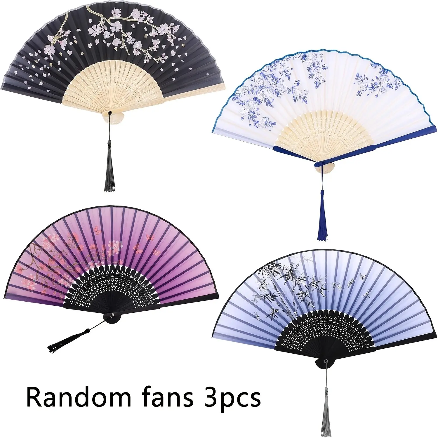 Handheld Fan, Random patterns 3 PCS Hand Fan, Chinese Folding Fan for Women Foldable, Silk Bamboo Hand Held Fan, Paper Hand Fan, Decor