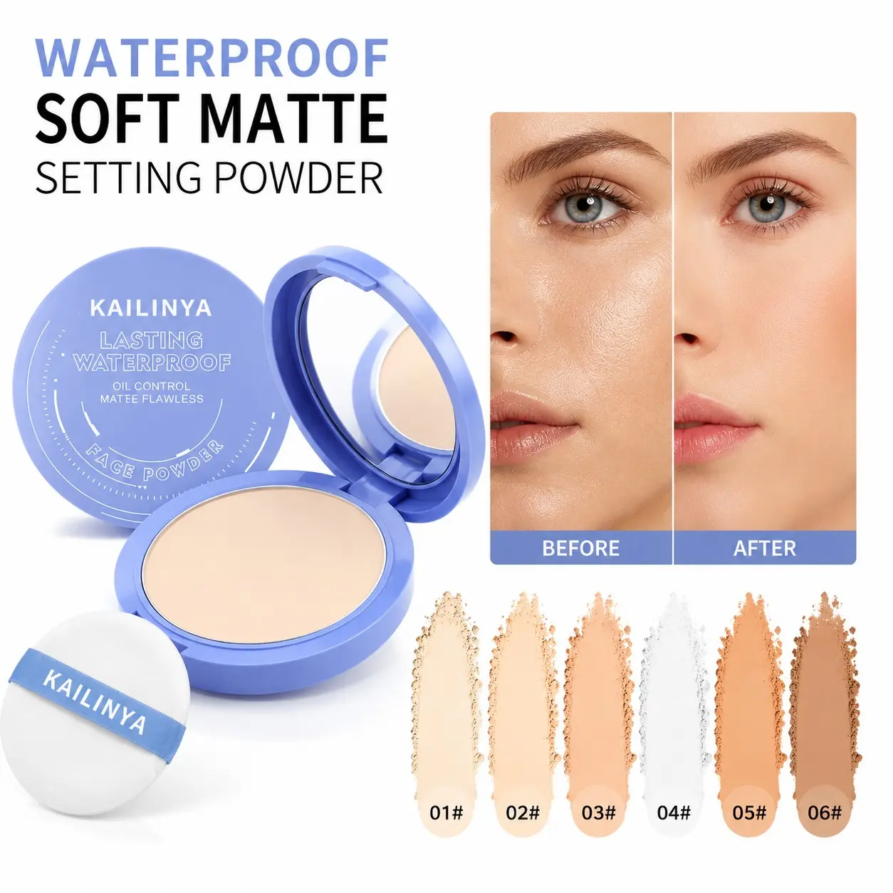 Waterproof Face Powder, Oil Control Setting Powder with Soft Matte Finish, Pore Blurring Pressed Powder, Lightweight Fine Powder for Long Lasting Natural Makeup, 6 Shades