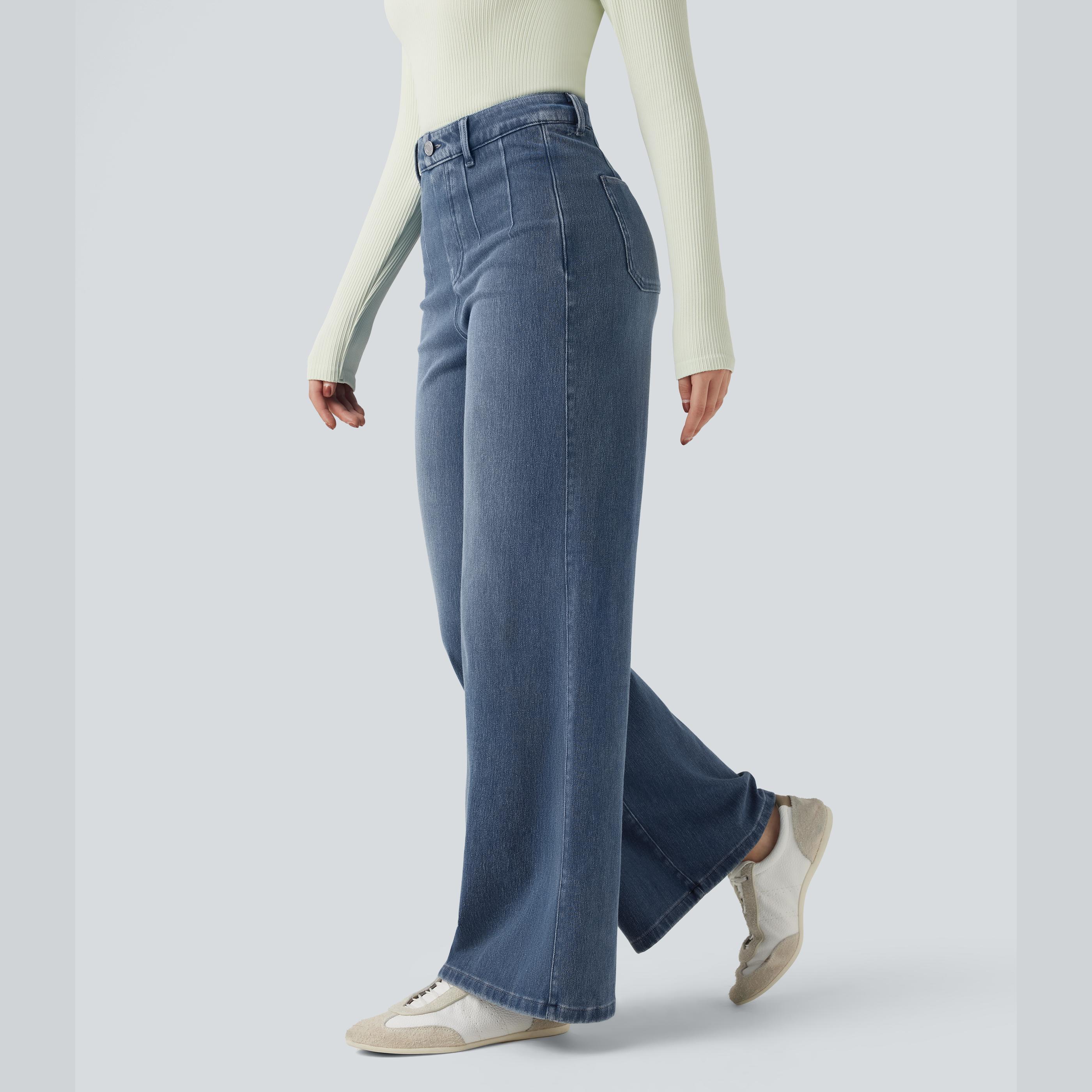 High Waisted Tummy Control Wide Leg Casual Jeans with Pockets High Waisted Tummy Control Wide Leg Casual Jeans with Pockets