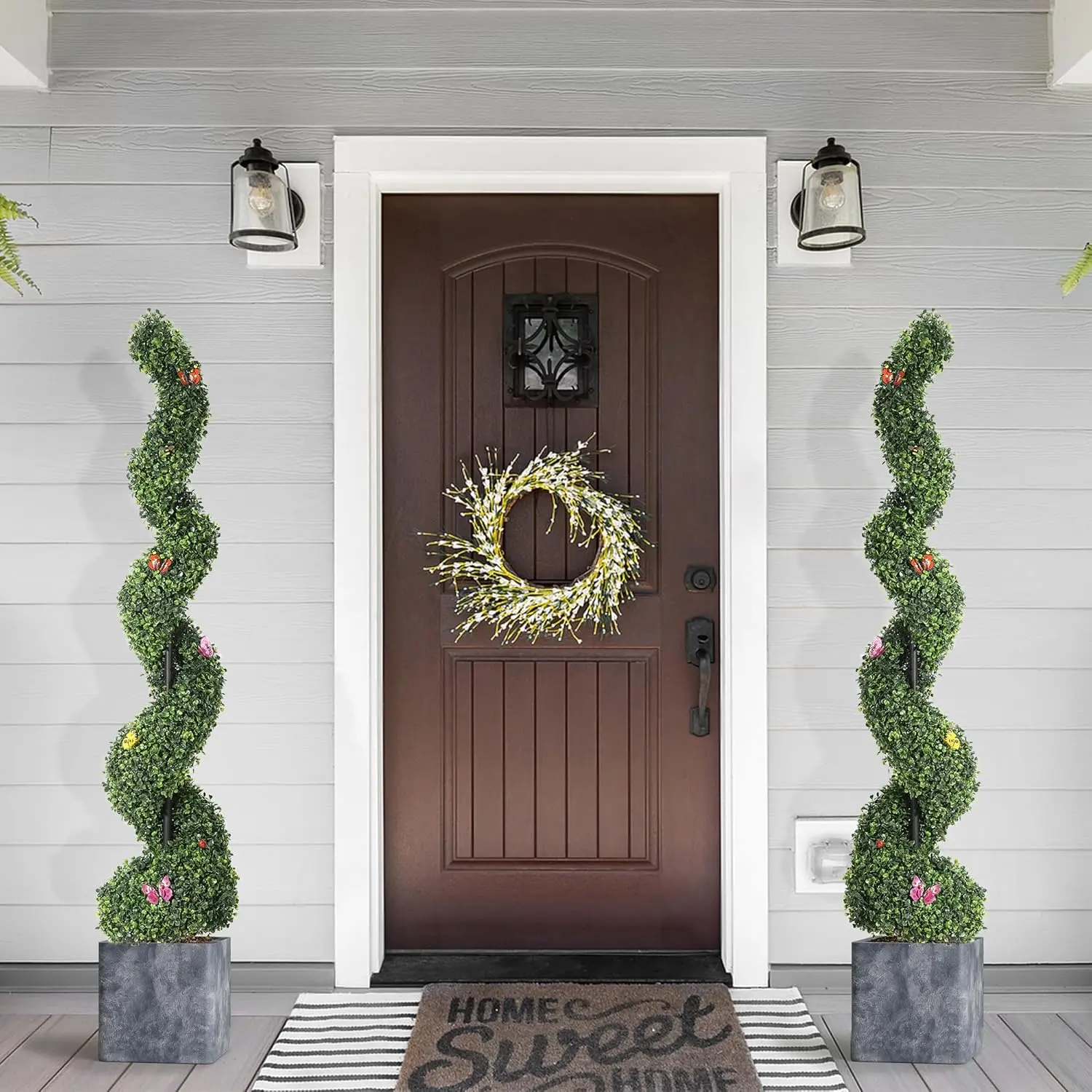 2-Pack 5 ft Faux Boxwood Spiral Topiary Trees – Outdoor Artificial Plants with Insect Decoration, Evergreen Greenery for Porch, Garden & Indoor Use