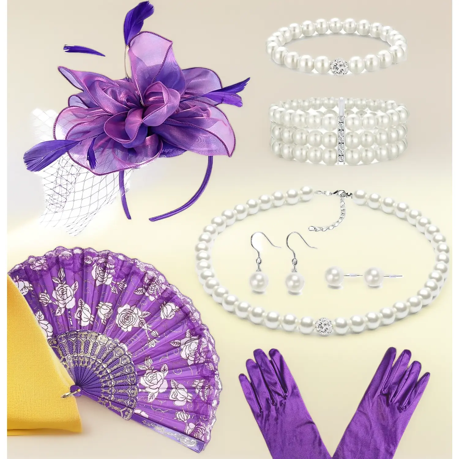 Women's Chic Tea Party Costume Accessory Set - Fascinator Toy Hat, Gloves, Fan, Pearls Party Props for Halloween Costumes (Toys & Hobbies DIY Supplies), Costumes For Halloween