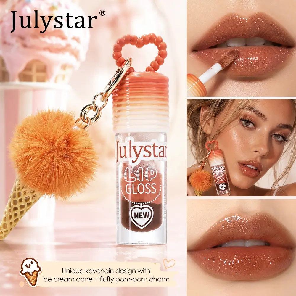 Julystar Ice Cream Keychain Lip Gloss, Chocolate Scent Hydrating Shiny Glass Lip Tint, Moisturizing Plumping Glossy Lip Makeup, Hydrating Lipgloss
