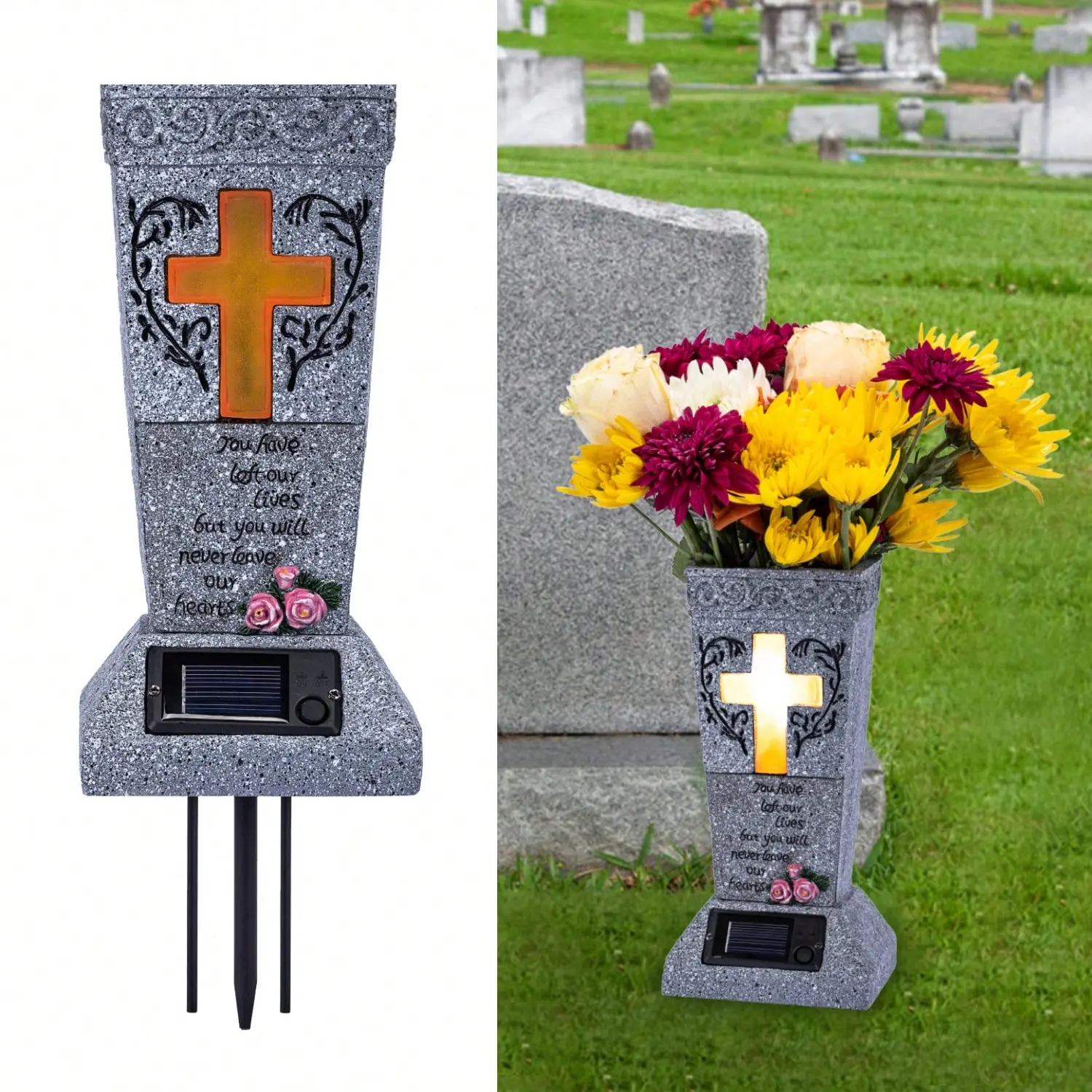 Solar Cemetery Grave Vase With LED For Fresh/Artificial Flowers Headstones Vases With Spikes Gravestone Decor Memorial Gifts For Loss Of Loved One