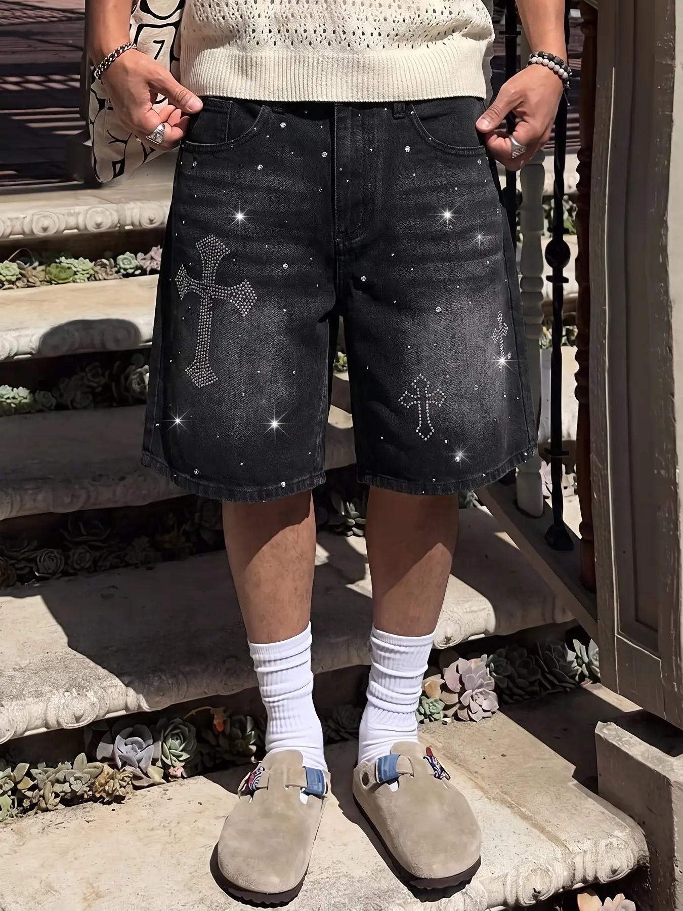Asymmetric Cross Rhinestone Baggy Denim Jorts Men Black Vintage Scattered Studs Wide Leg Jean Shorts