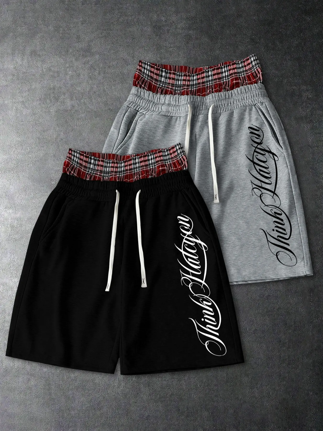 Men's Y2K Streetwear Fake Two-Piece Sweat Shorts - Fashion Plaid Layered Waistband Graphic Casual Shorts with Pockets & Drawstring for Summer Daily Wear