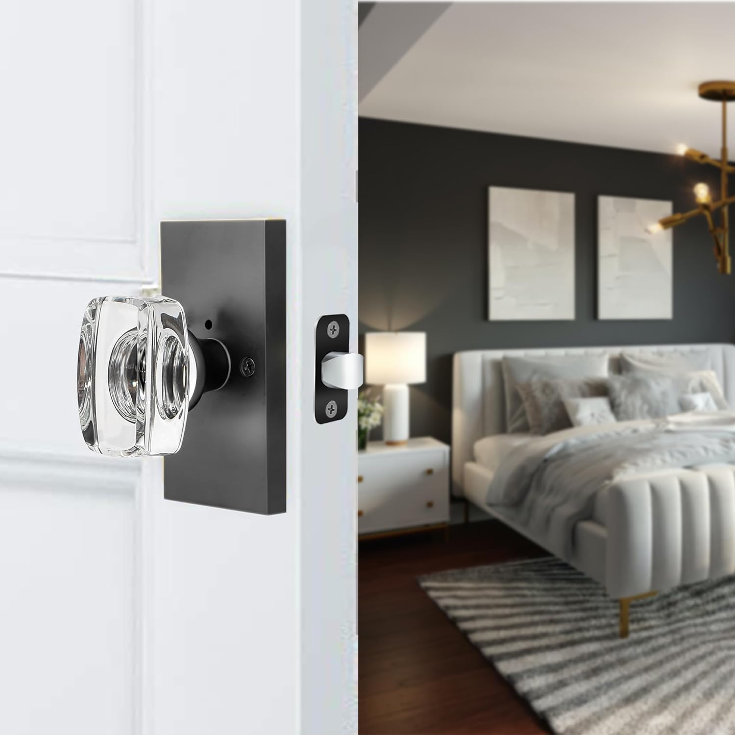 Glass Door Knobs Interior with Lock,  Modern  Door Knob for Bedroom Bathroom, Matte Black