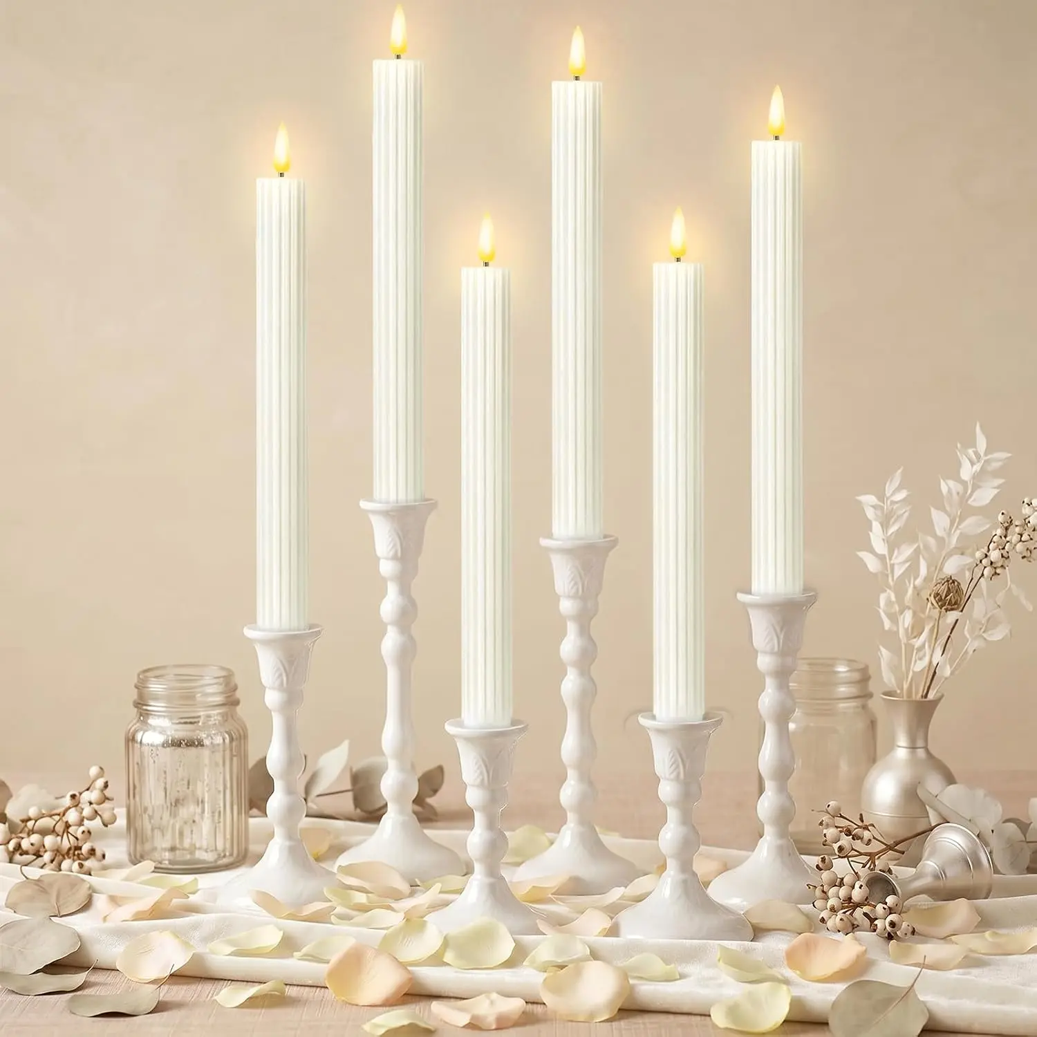 6 Pack White Flameless Taper Candles  Operated 10 Inch Fluted Ribbed Grooved Candles Neutral LED Candlesticks for Wedding Table Centerpiece Dining Mantel Modern  Decor