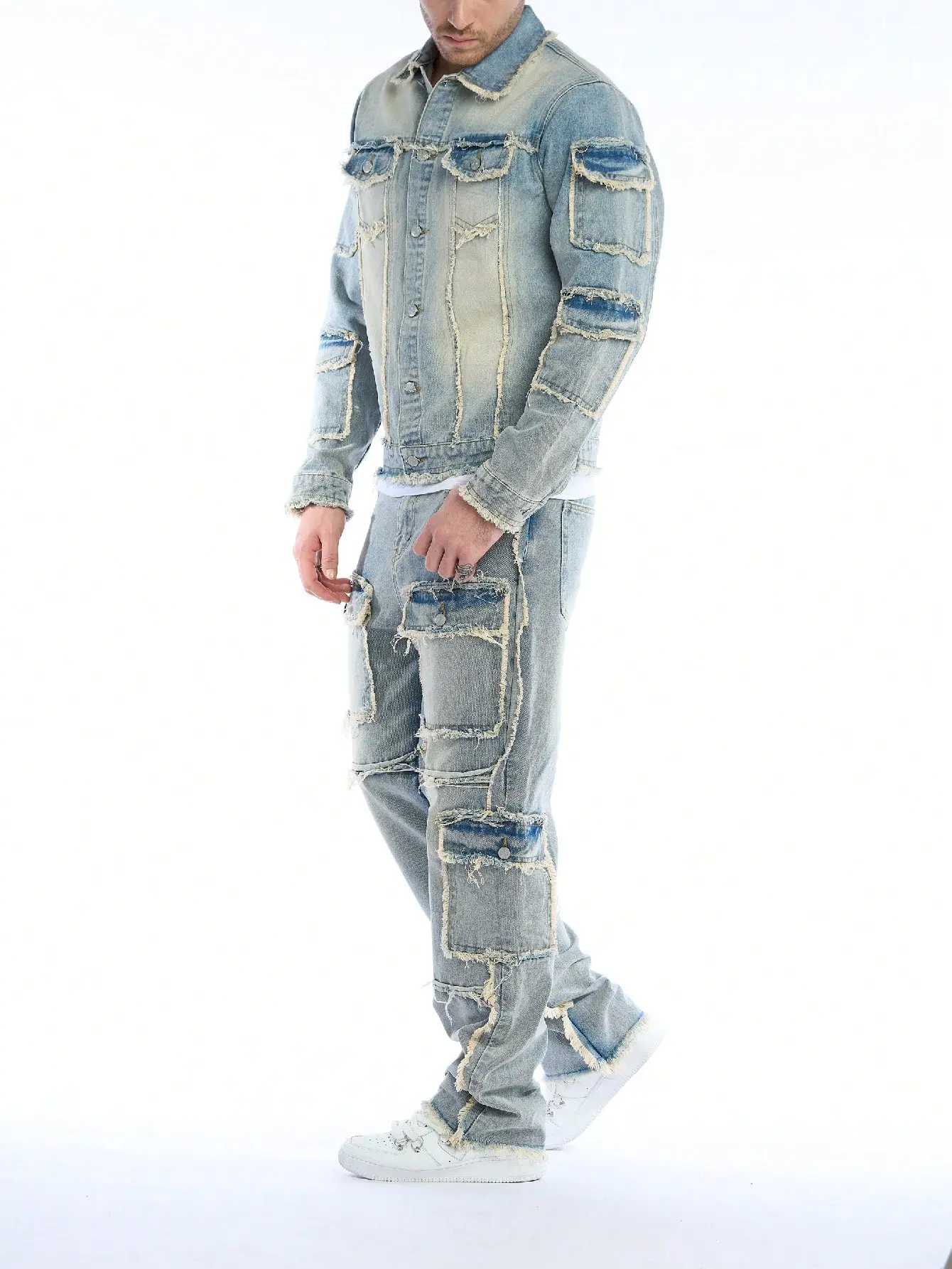 Men's 2-Piece Washed Denim Streetwear Set - Frayed Raw-Edge Patchwork Jacket with Buttons, Relaxed Washed Distressed Cargo Jeans with Fake Pockets for Hip-Hop Style