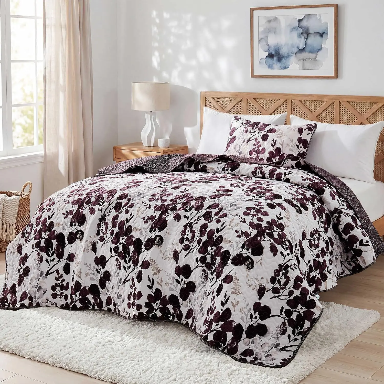 Quilt Set Quilted Bedspread Reversible Lightweight Floral Printed  Quilted Bedding Set with Shams 2 count,  Size, Plum