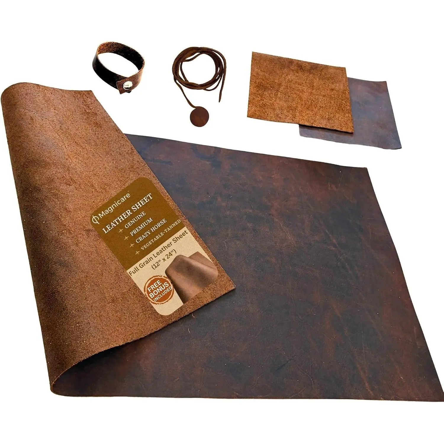 Genuine Full Grain Leather Sheet for Crafting 12x24 Vegetable Tanned Crazy Horse Cowhide Thick Tooling Leather for Crafts 2 Practice Pieces Cord & Bracelet Included Brown