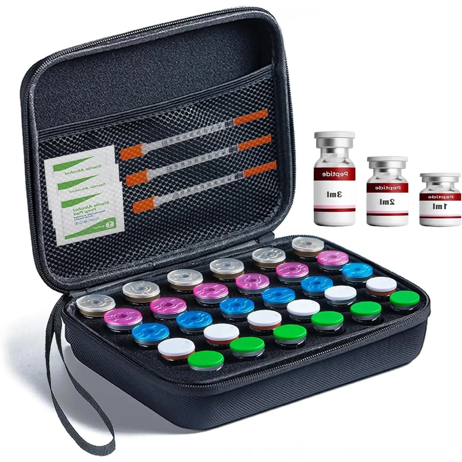 Peptide Vial Case for Fridge Storage - 30 Slots Organizer Holds 1-3ml Vials for Insulin, GLP-1, Peptides, Hard Shell Travel Case with Hand Strap, BlackGift