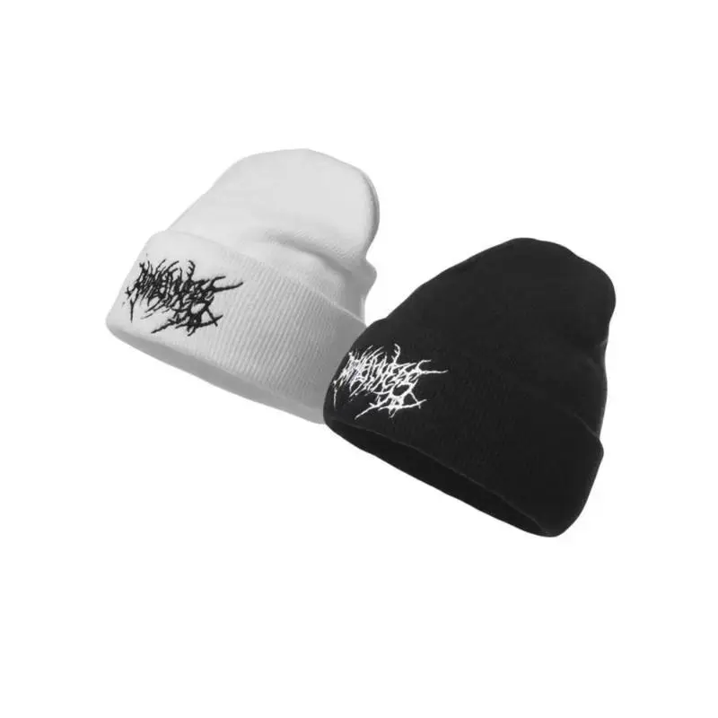 Unisex Gothic Street Punk Embroidered Knit Beanie - Adjustable Fit Skull Cap, Solid Color Warm Acrylic Streetwear Hat, One Size Fits Couple Matching Cold Weather Accessory, Ideal Autumn Winter Gift