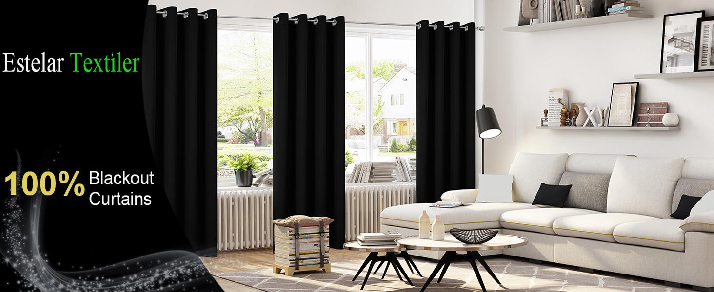Black 100% Black Out Curtains 90 Inch Long 2 Panels for Bedroom,Thermal Sound and Heat Blocking Curtains for Living Room, Complete Room Darkening Window Drapes,52Wx90L