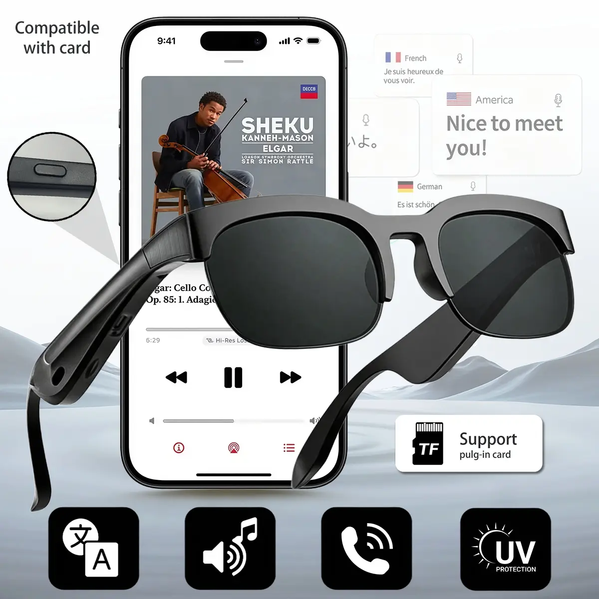 AI Smart Glasses with Lifetime Free Translation & Bluetooth Audio, Support TF Card, UV Protection Wireless Sunglasses with Voice Assistant for Men & Women, Wearable Smart Glasses, Ideal Tech Gift for Birthday & Holiday