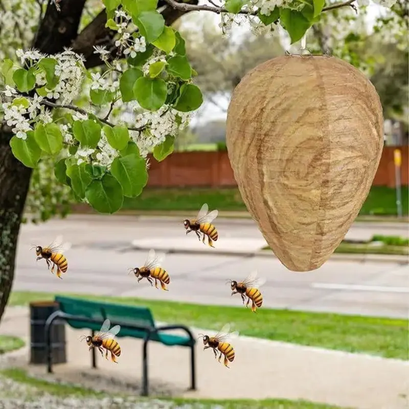 Fake Wasp Nest Bee Deterrent Hanging Decoy Hive, Chemical Free Weather Resistant Paper Wasp Repellent for Garden Patio Tree Eaves, Safe Natural Hornet Repeller for Outdoor Yard
