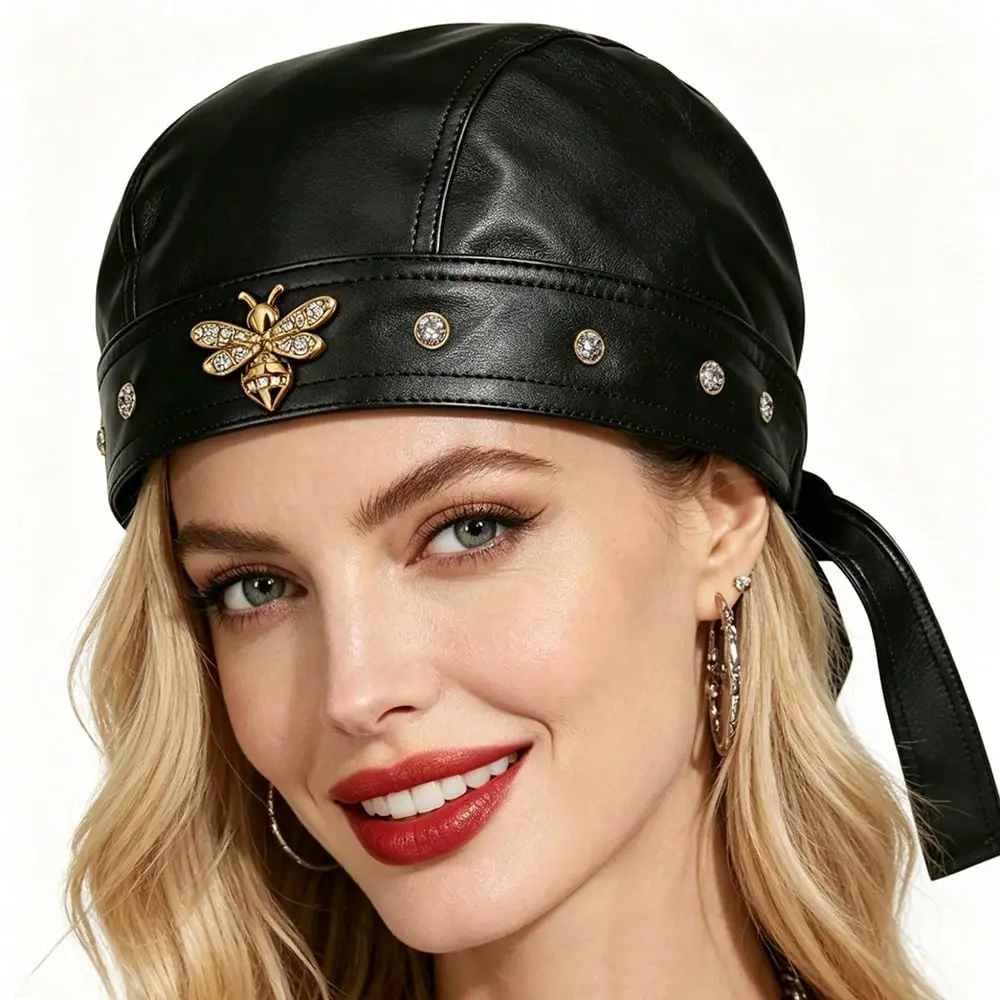 Women's Fitted Durable Bee Leather Biker Skull Cap - Casual Daily Everyday Adjustable Headwrap with Bling Stone Golden Honeybee Studs, Black Doo Rag Hair Bonnet, Leather & Faux Leather