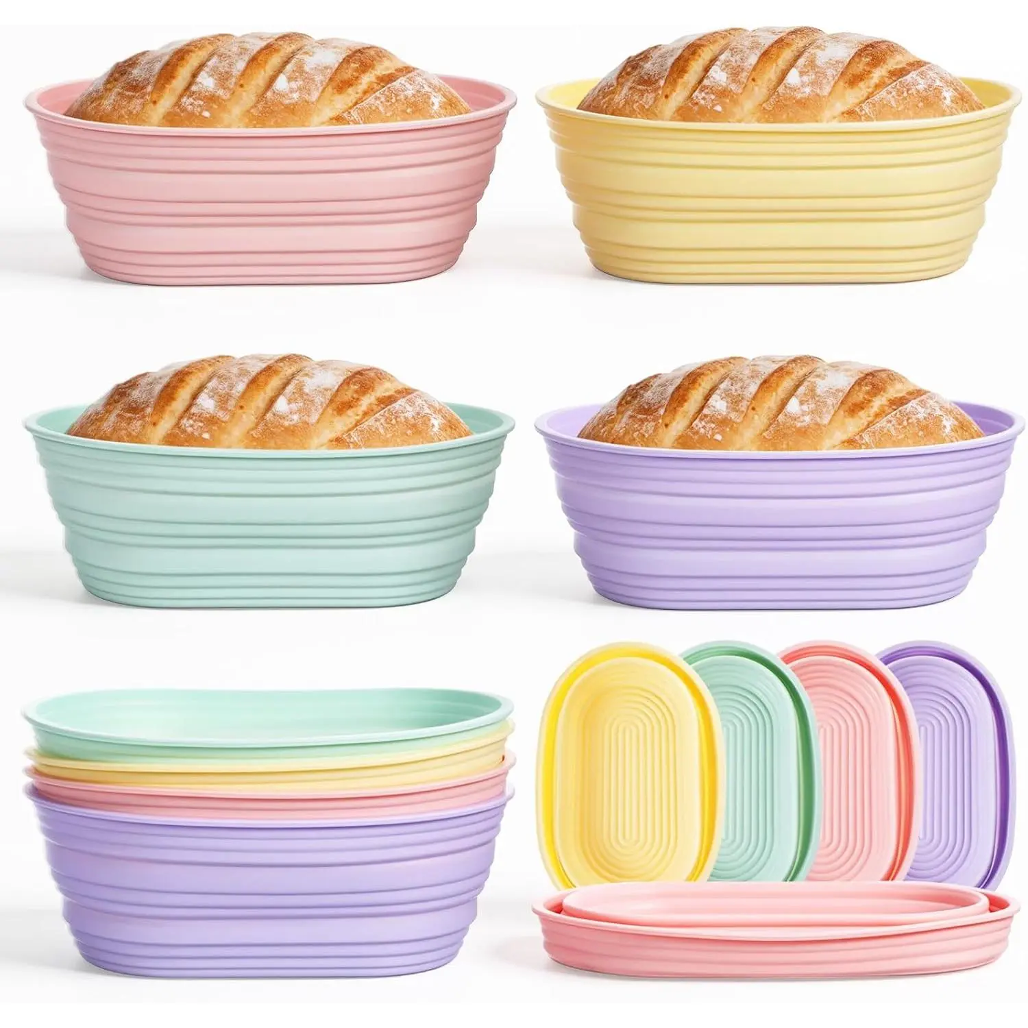 4 count  Bread Proofing Basket,10" Foldable  Proofing Baskets for Sourdough Bread Baking,Non-stick Ovel Dough Proofing Bowl Sourdough Bread Baking Supplies