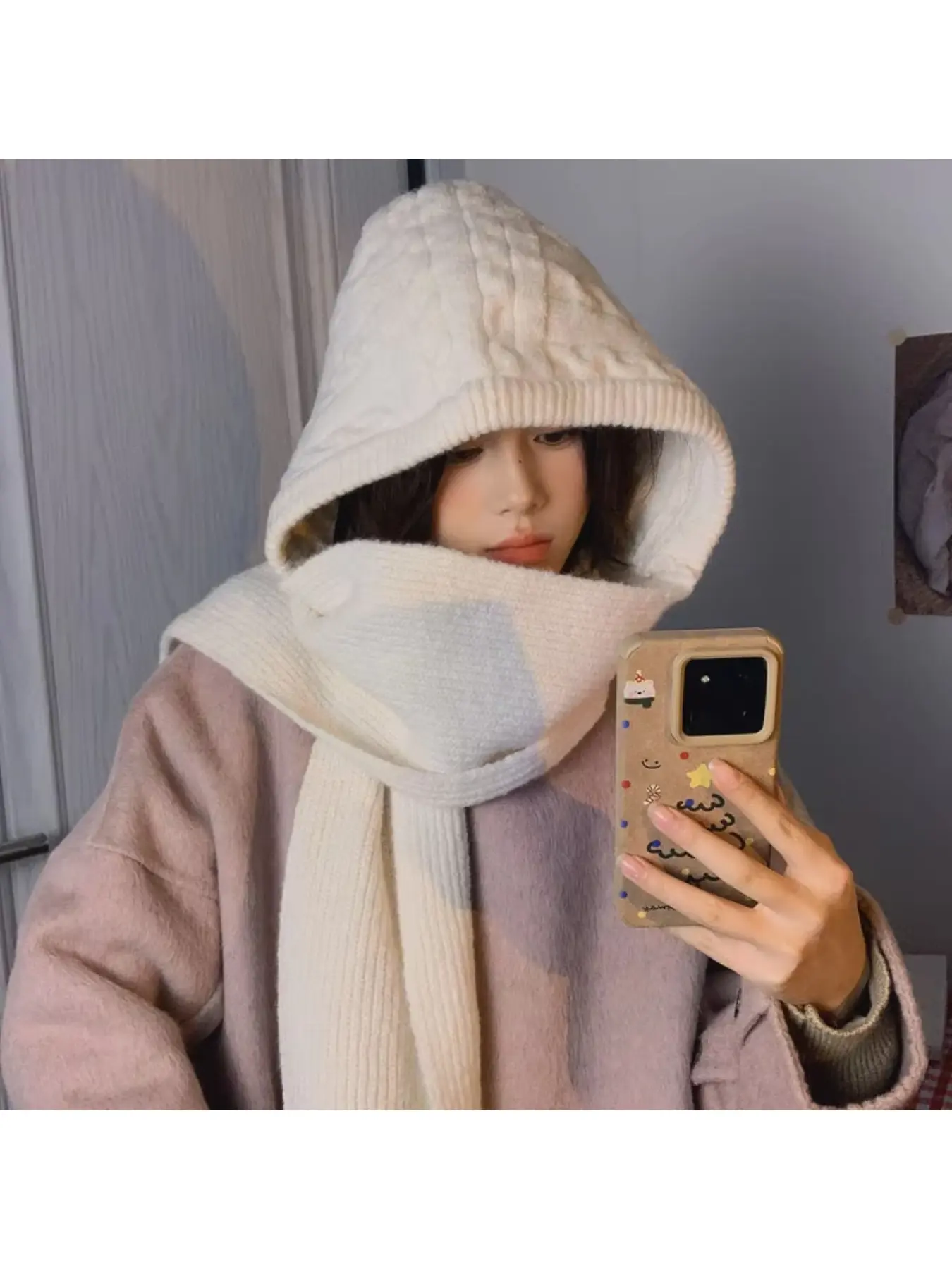 Cable-knit solid color balaclava shawl scarf multi-functional balaclava