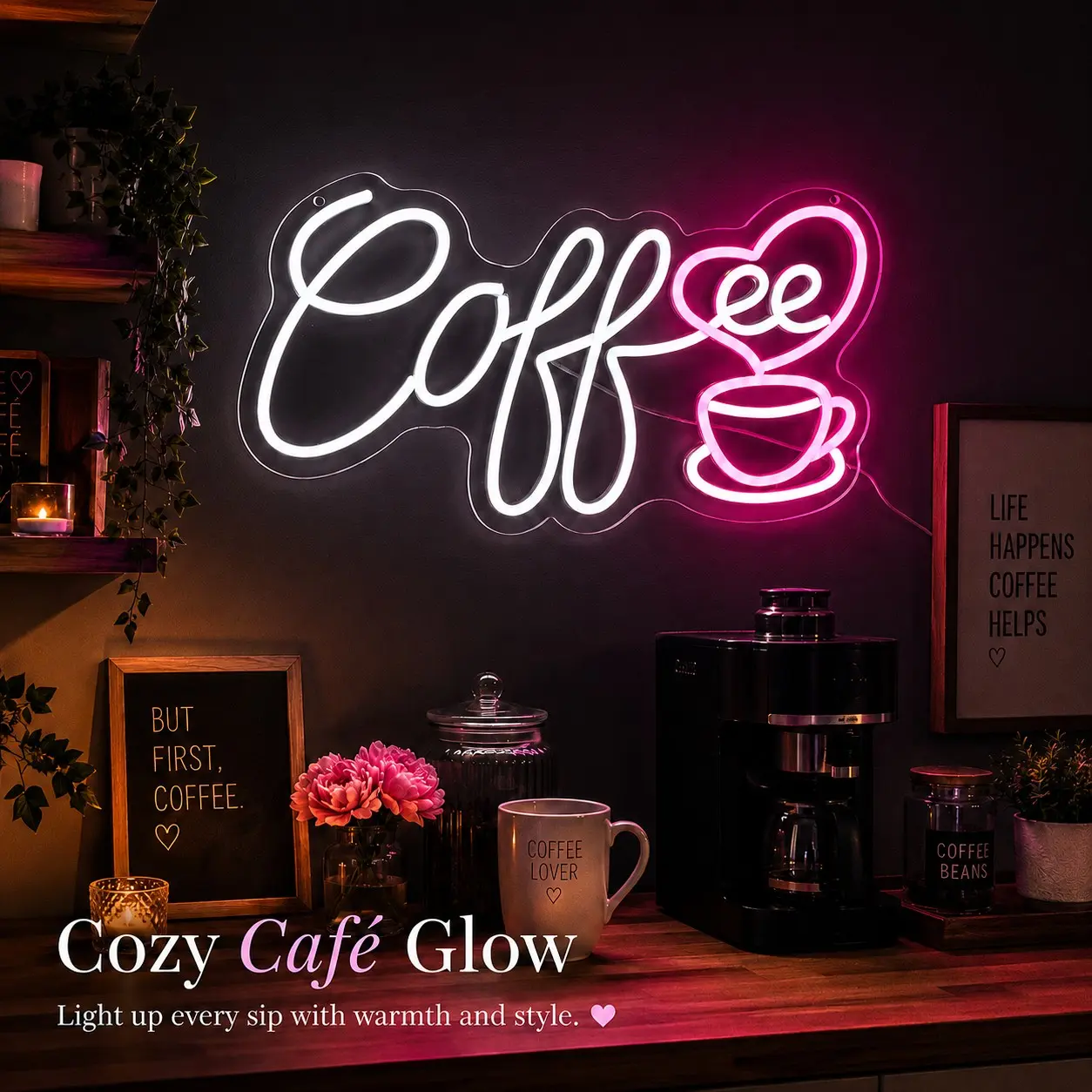 Coffee Neon Sign with Pink Heart Cup LED Light, White & Hot Pink Coffee Bar Wall Decor, Acrylic Backboard Plug-in Cafe Sign for Kitchen, Bedroom, Coffee Shop, Dining Room, Bar, Dorm,  Gift for Coffee Lovers, Baristas & Aesthetic Home Decor Gift Idea