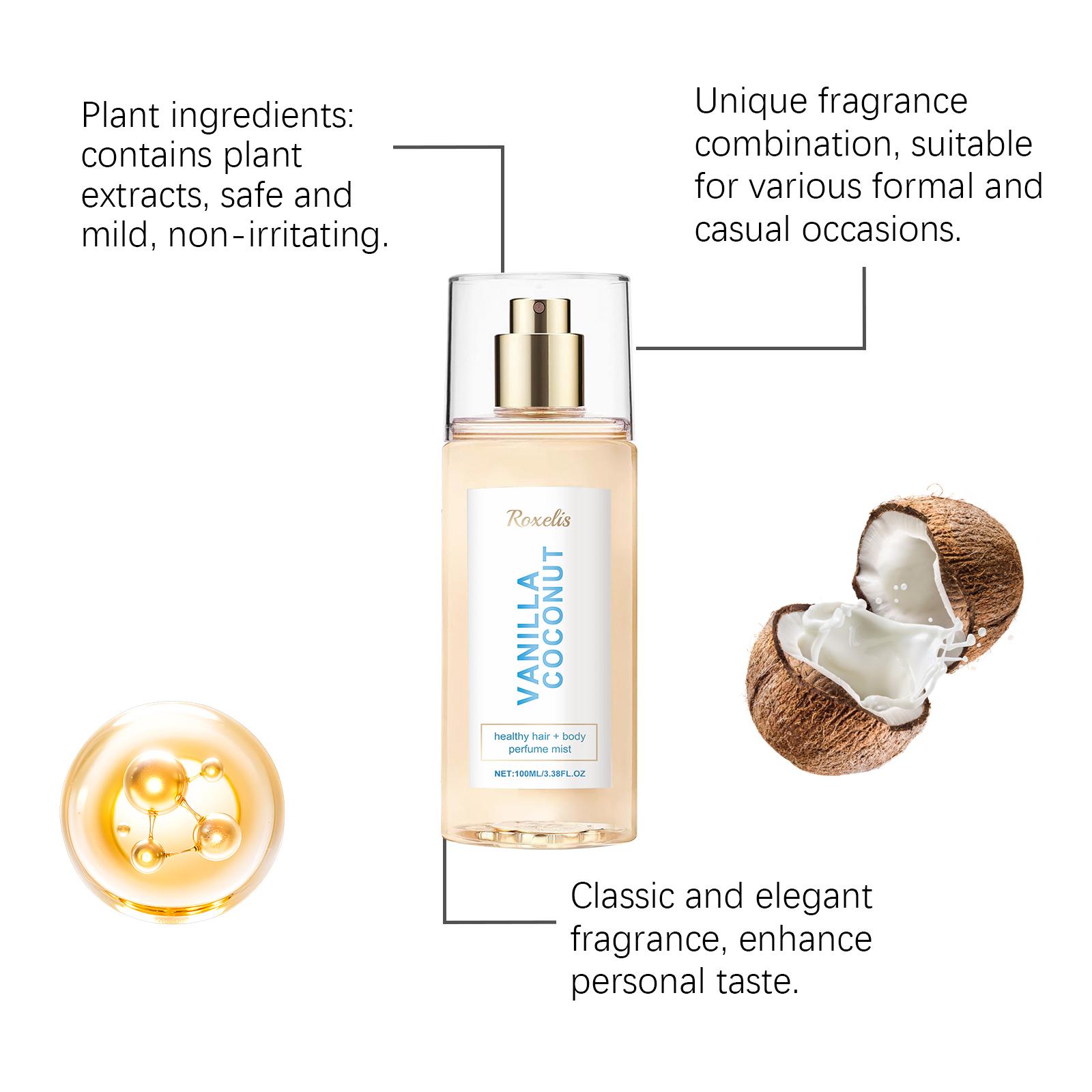 Roxelis Vanilla Coconut Body Perfume Spray, Long-Lasting Fragrance And Exudes A Unique Charm. It Is A Fresh, Romantic And Portable Perfume