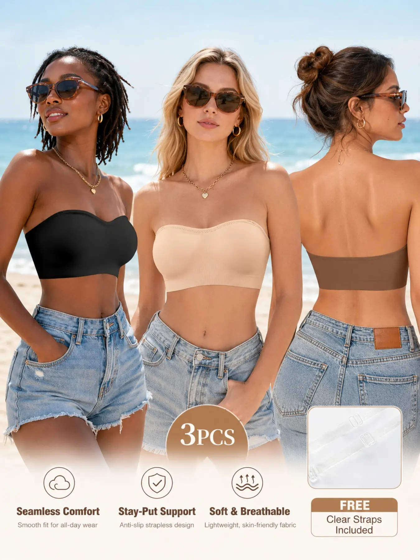 1/2/3 PCS 3 Colors Seamless Strapless Fixed-cup Bra for Women, Nude Black Brown Bandeau Bra with Wireless Comfort, Invisible Tube Top Underwear, Anti Slip Everyday Support Bra, Clear Straps Included