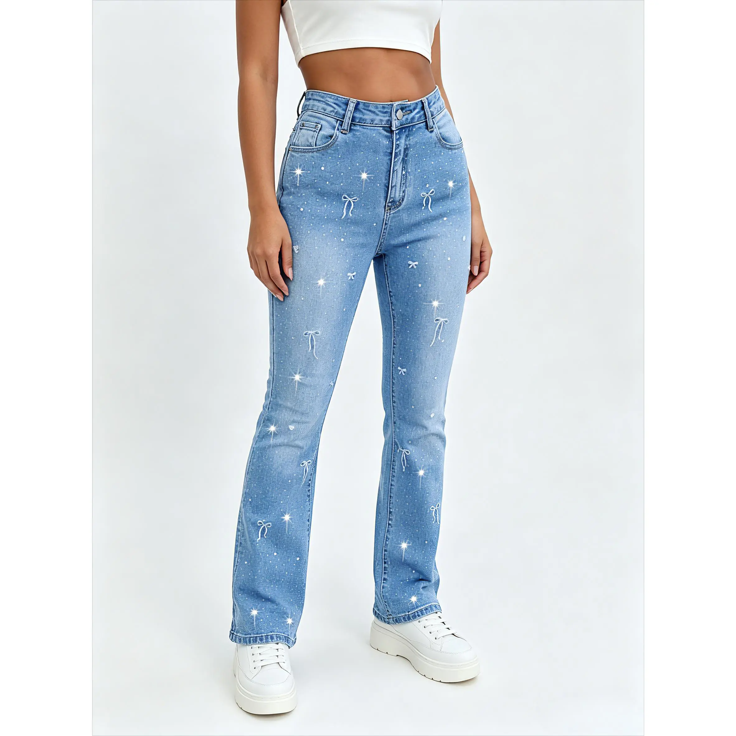 Women's Butterfly Embroidery Flared Jeans - Stretchy Fitted Mid-Rise Denim Bottoms with Rhinestone Details, Streetwear Bell-Flared Style, Bell-Flared Jeans