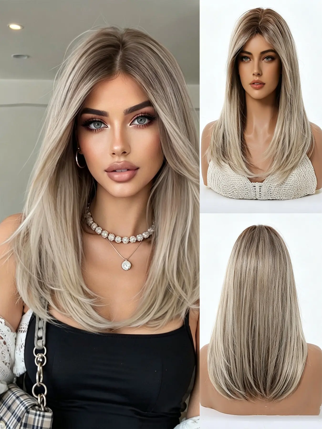 Medium Length Ash Blonde Balayage Layered Synthetic Wig, Natural Middle Part, Realistic Hairline, Heat Resistant, Synthetic Material Wigs, Synthetic Fiber Wigs, Ombre Layered Wigs, for Women, Daily Party Cosplay