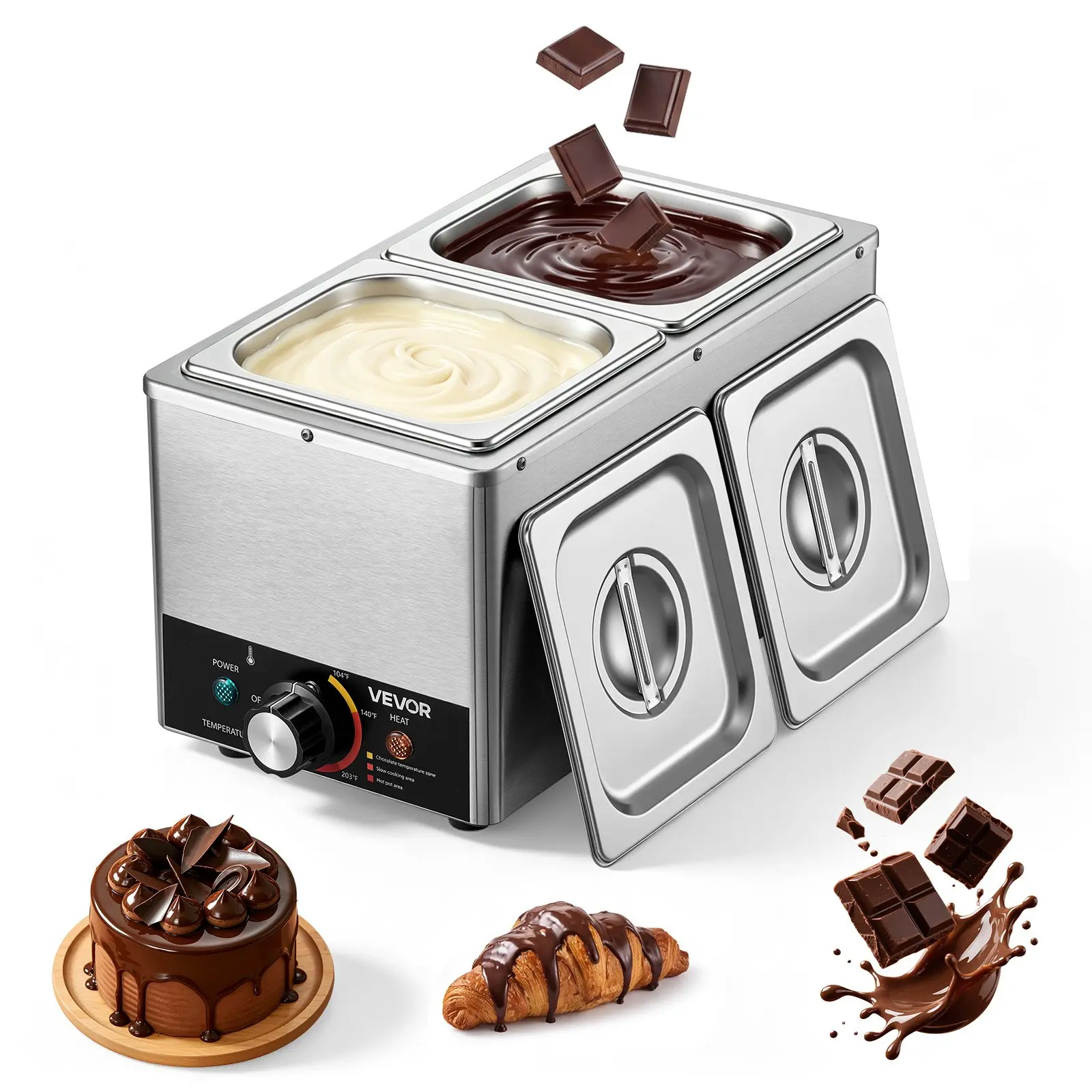 【toolupgrade】VEVOR Stainless Steel Chocolate Melting Machine, 2-Tank 9 lbs Melts Chocolate, 3 Cooking Modes, 86-230 Temp Range, 800W Water Bath Heating, 1/6x2 Pans, Auto Shutoff, Stainless Steel Cookware, Commercial Kitchens Home Cheese Warmer
