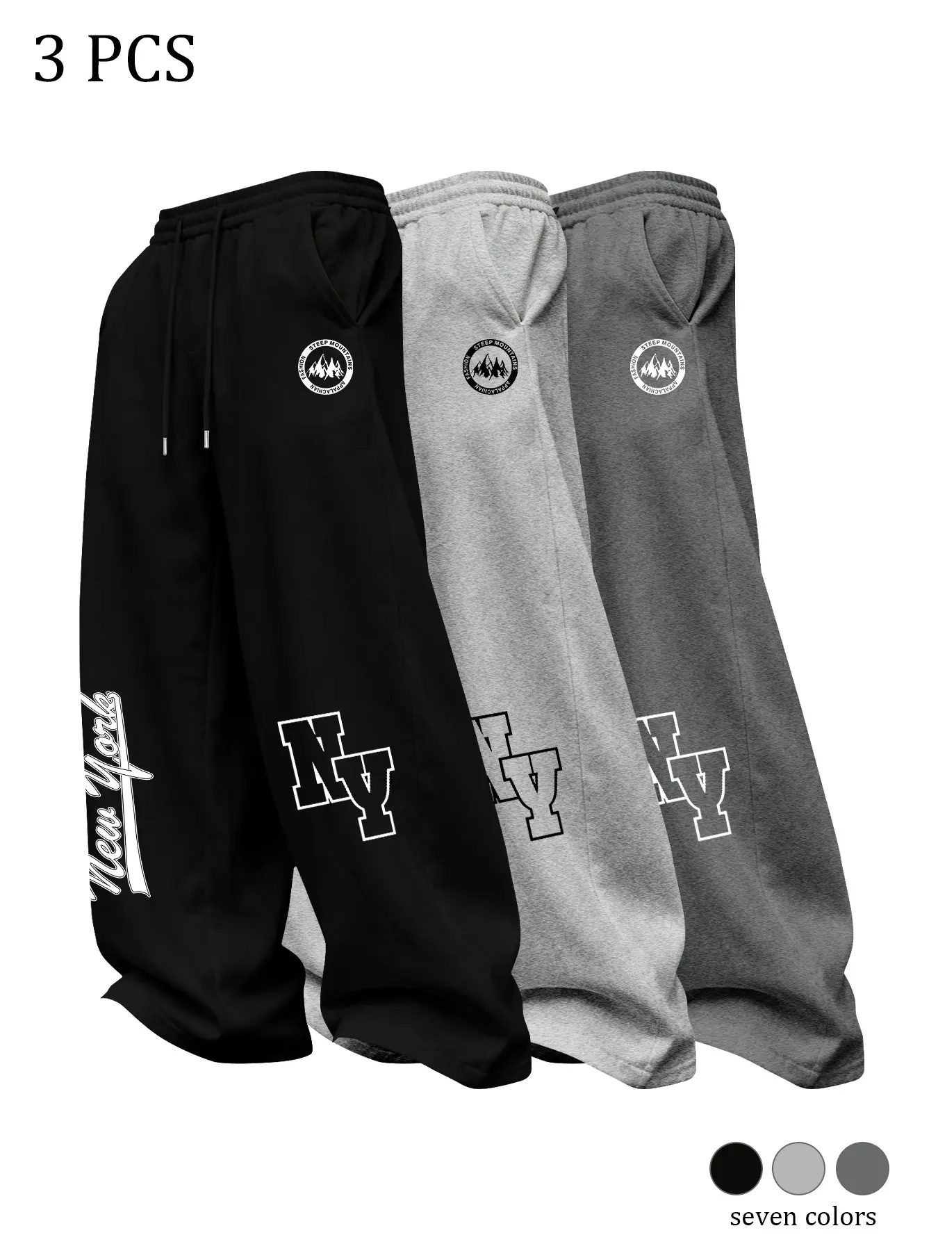 Men's Wide Leg Sweatpants, Nyc Theme Print, Loose Drawstring Long Pants, Casual Fall & Winter Trousers, Three-Piece Set