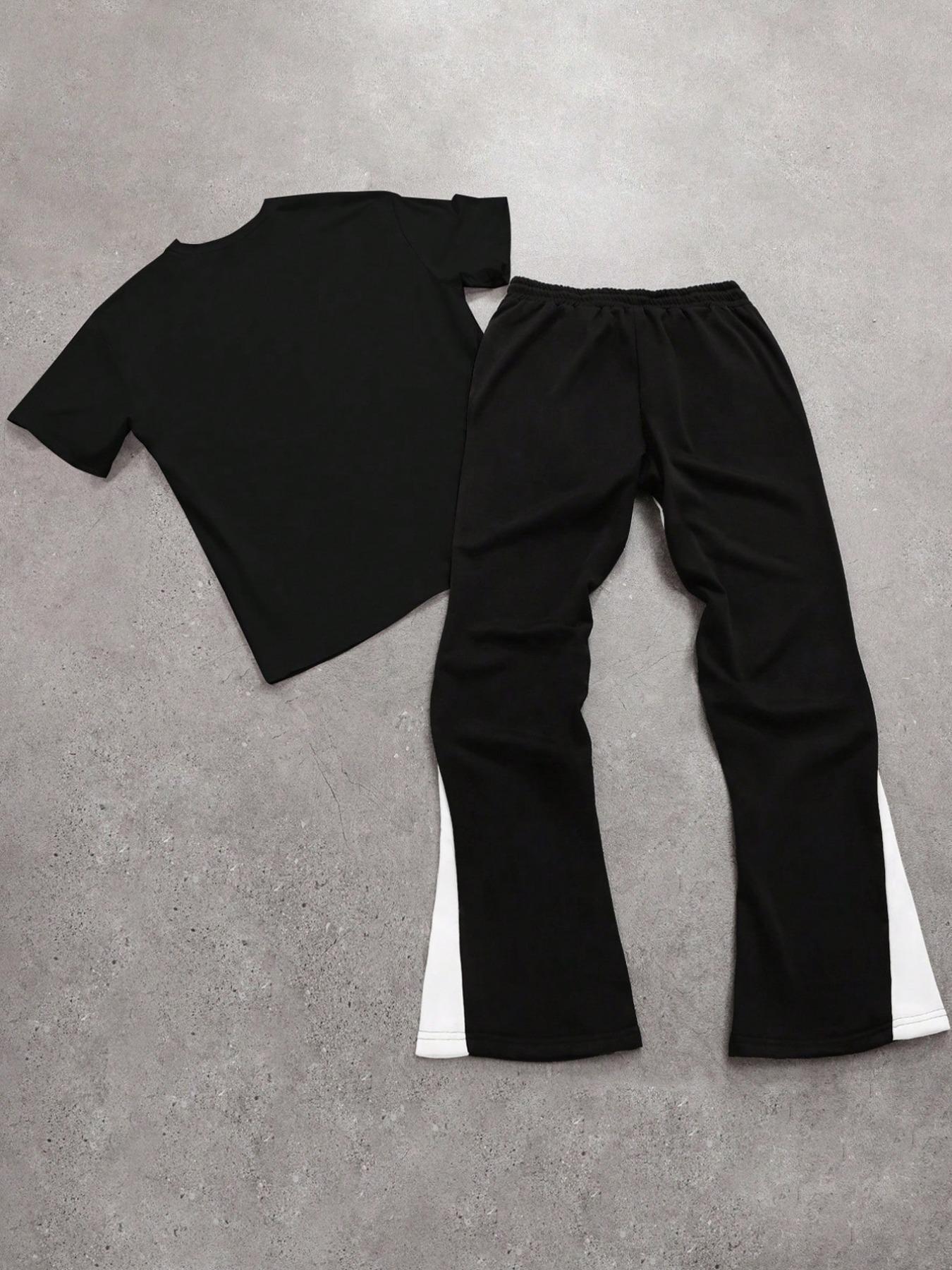 Men's Letter & Star Print Tee & Flare Leg Pants Two-Piece Set for Daily Wear, Men's Outfits for All Seasons