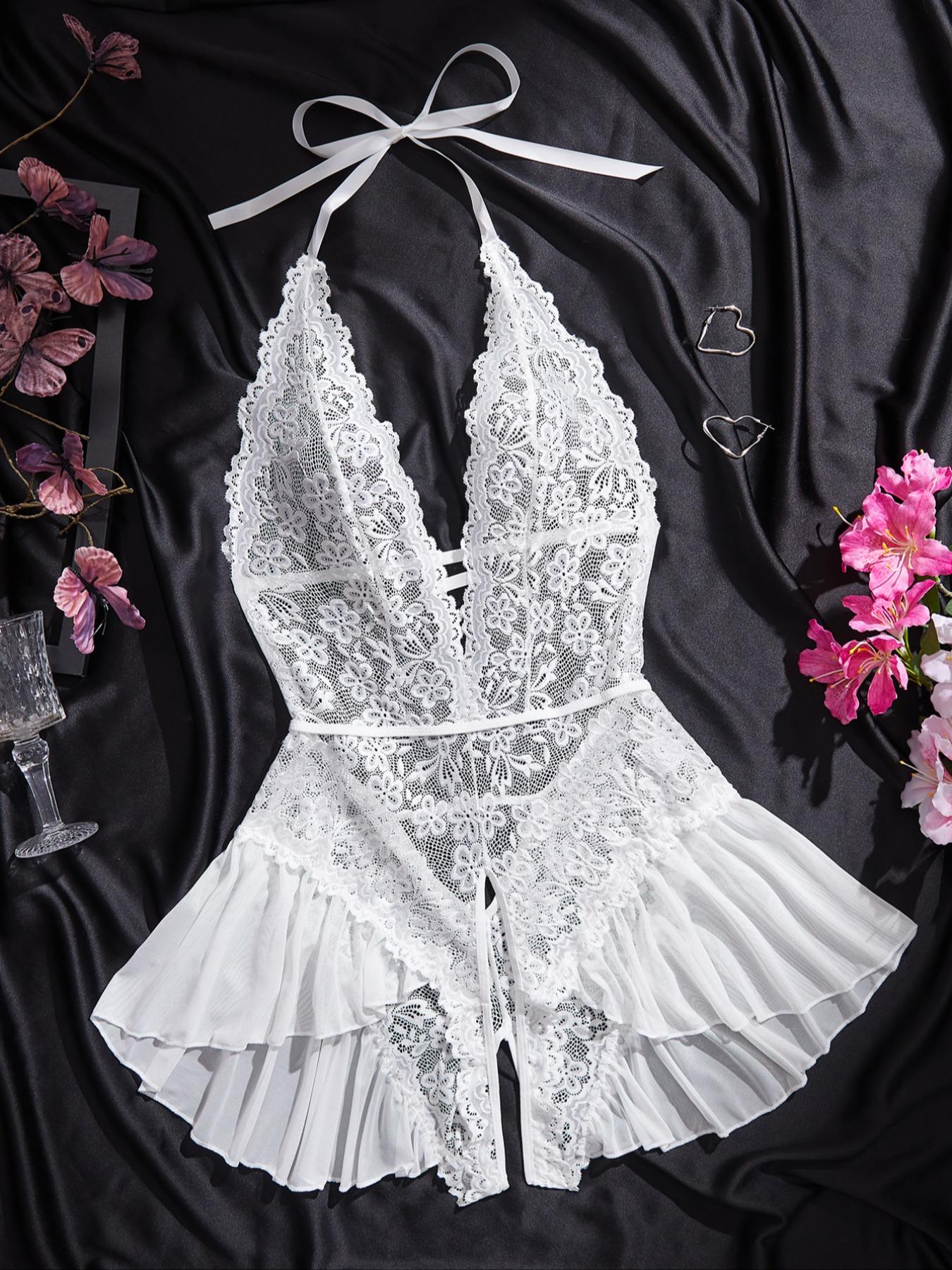 [Plus Size] Lace Bodysuit, Casual Comfy Breathable Sleepwear for Women, Women's Plus Size Sleepwear for Summer