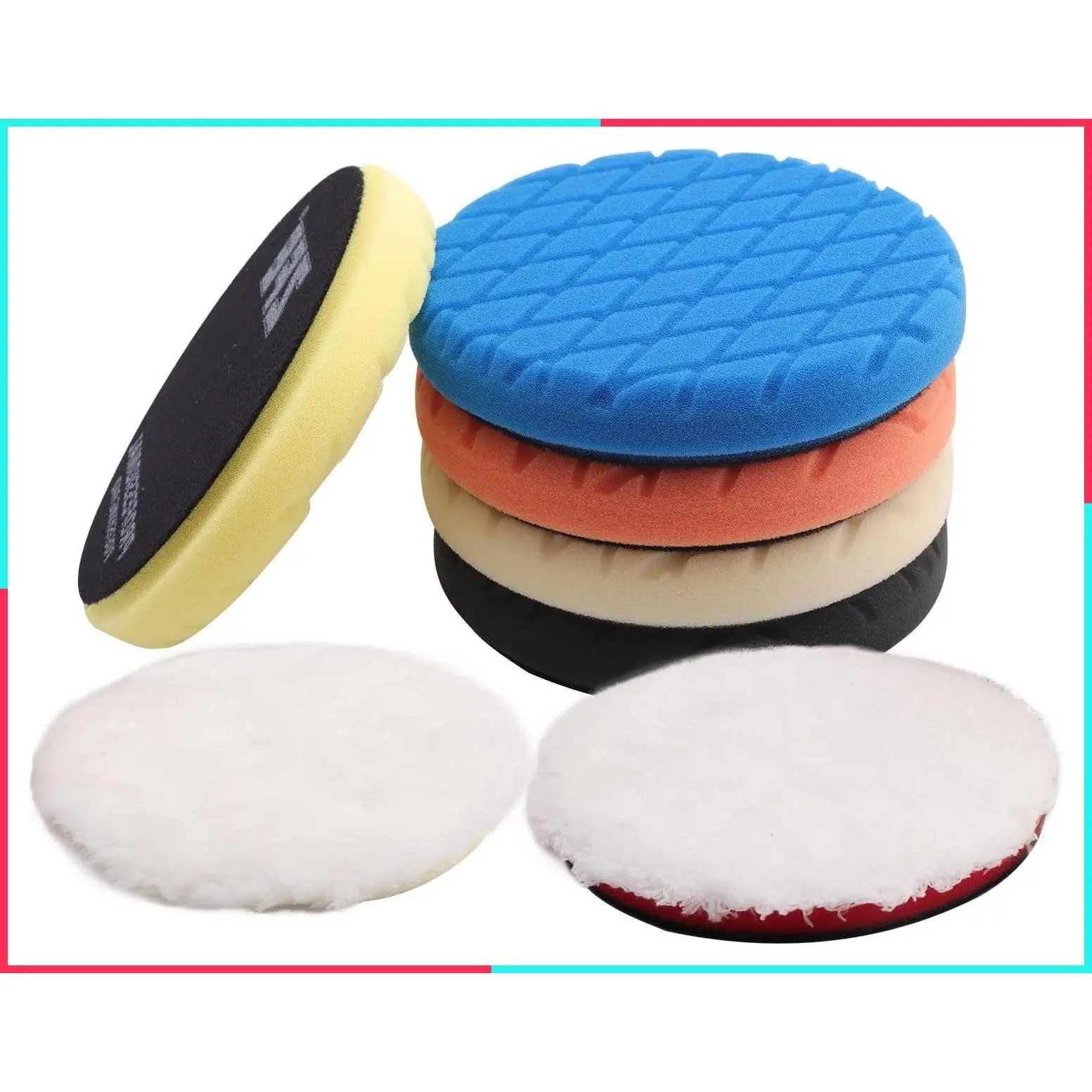 7Pcs 7-Inch Waffle Foam Buffing Pads & Wool Polishing Pad Kit for 7" Backing Plate RO/DA/GA Car Polisher Boat Compounding, Polishing and Waxing