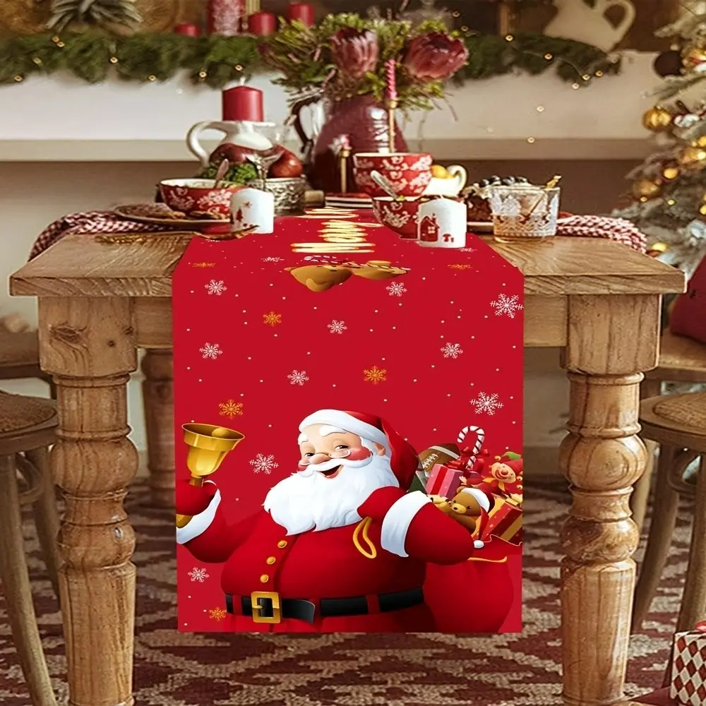 Christmas Table Runner, Santa Claus with Gifts, Retro Style, Polyester, 35x180cm, Winter Holiday Party Decor, Dining Room Centerpiece