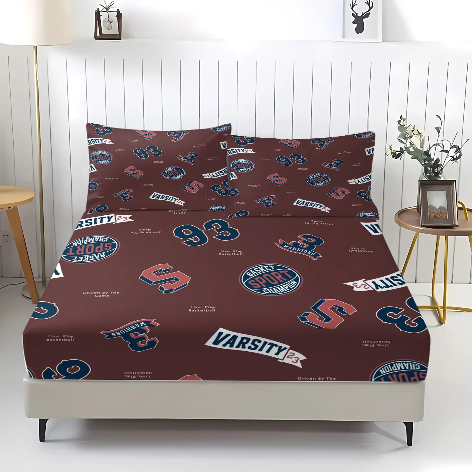 Basketball and football printed pattern bed sheet, including 1 bed sheet and 2 pillowcases, anti slip dust cover suitable for bedrooms and guest rooms, suitable for personal use or gift givingeal Gift