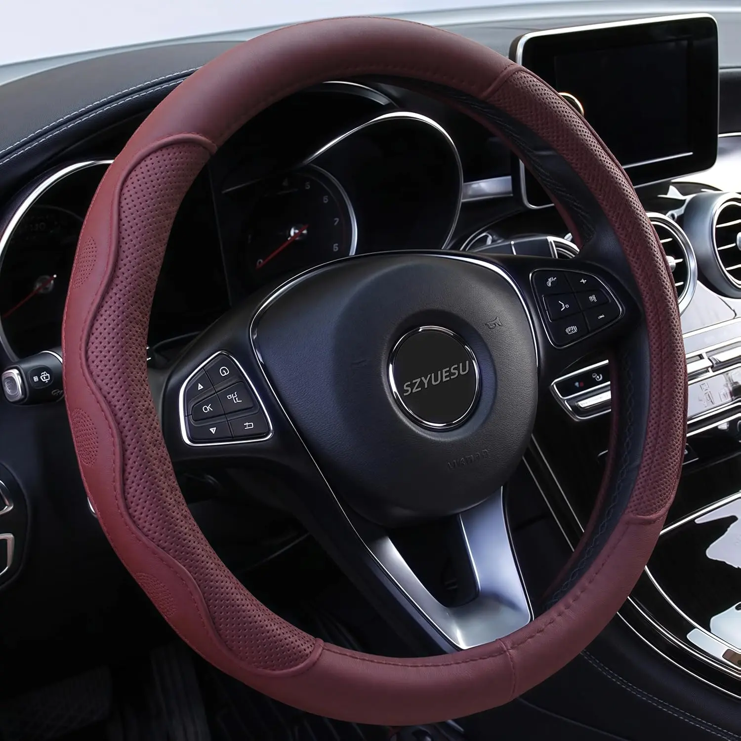 Leather Car Steering Wheel Cover with Anti-Slip Lining Universal 14.5-15 Inch (37-38 cm) Auto Microfiber Protector, Car Accessories for Most Cars, SUVs| Wine Red