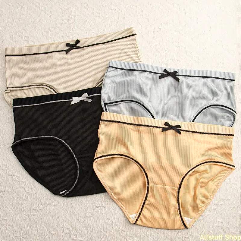 Women's 4-Pack Ribbed Triangle Briefs - Soft Stretch, Breathable Fabric Lingerie with Bow Decor, Ribbed Waist, Comfy Fit Panty, Mixed Colors, Everyday Wear Sports Inner Wear