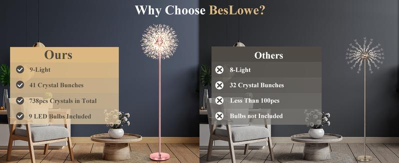 69'' Crystal Floor Lamp Decorative Lights for Living Room, Modern Standing Lamp with 738PCS K9 Crystals, Tall Lamp Pole Light for Bedroom Office, Mid Century Floor Lighting with 9 LED Bulbs
