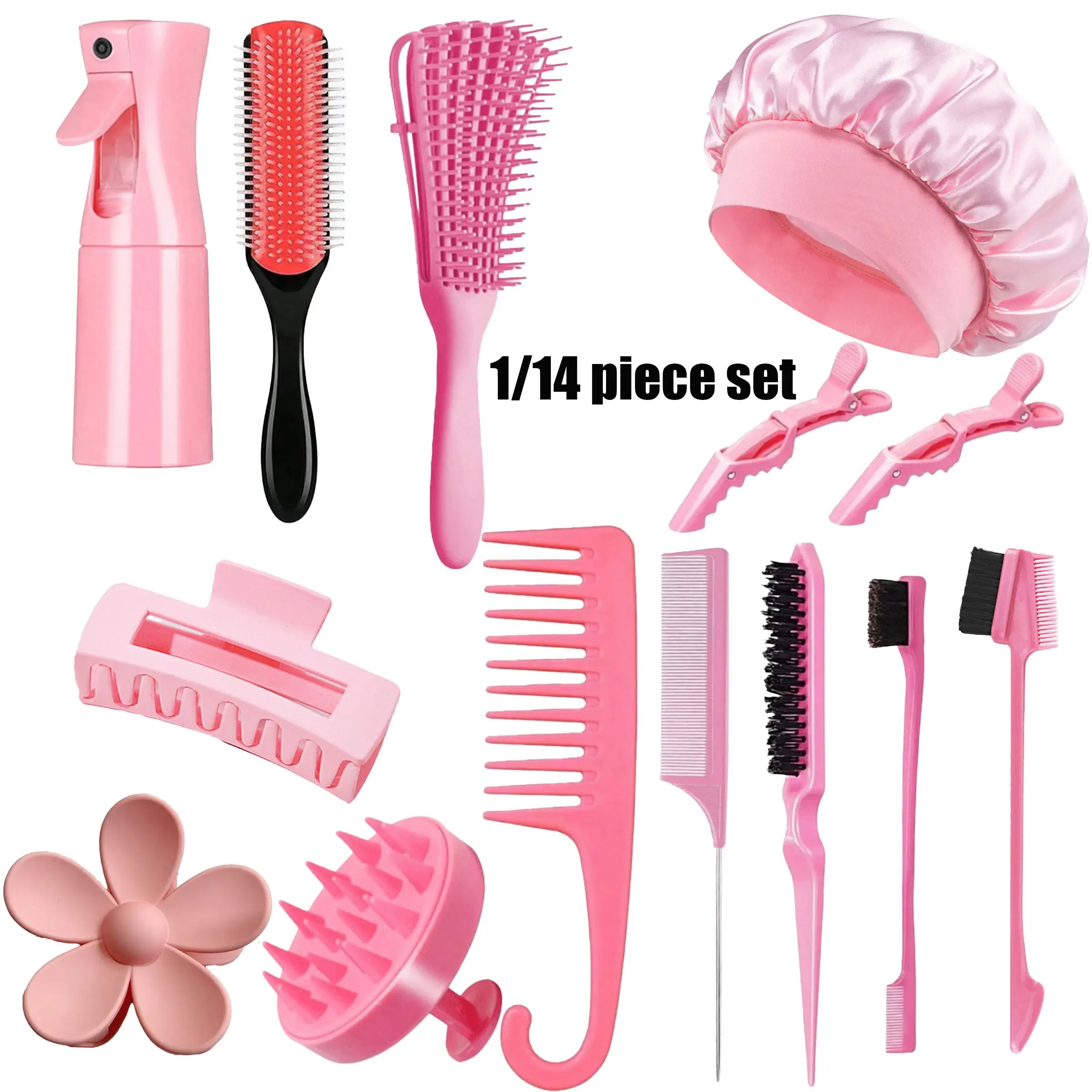 14-Piece Hair Tool Set with Spray Bottle and Sleep Cap, Curl Brush Kit, Wide Tooth Comb, Detangling Comb, Suitable for All Hair Types, Hair Styling Tools, Curly Brush, Anti Tangle Brush