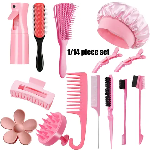 14-Piece Hair Tool Set with Spray Bottle and Sleep Cap, Curl Brush Kit, Wide Tooth Comb, Detangling Comb, Suitable for All Hair Types, Hair Styling Tools, Curly Brush, Anti Tangle Brush