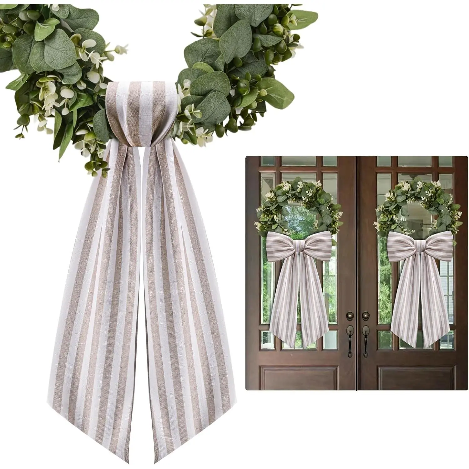 2 Pack Wreath Sash for Front Door Stripe Boxwood Sash Garland Porch Decor Wreath Accessories (Beige and White Stripe)