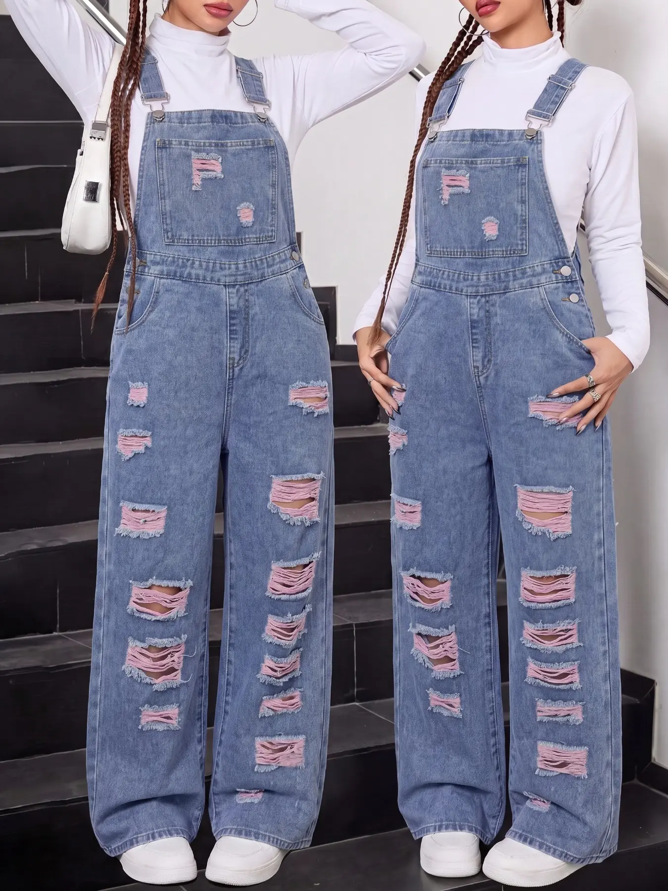 Teen girls’ fashionable casual Y2K vintage cool street-style back-to-school preppy blue denim overalls, soft and comfortable, suitable for girls’ daily wear, autumn and winter parties, music festivals, and other occasions.