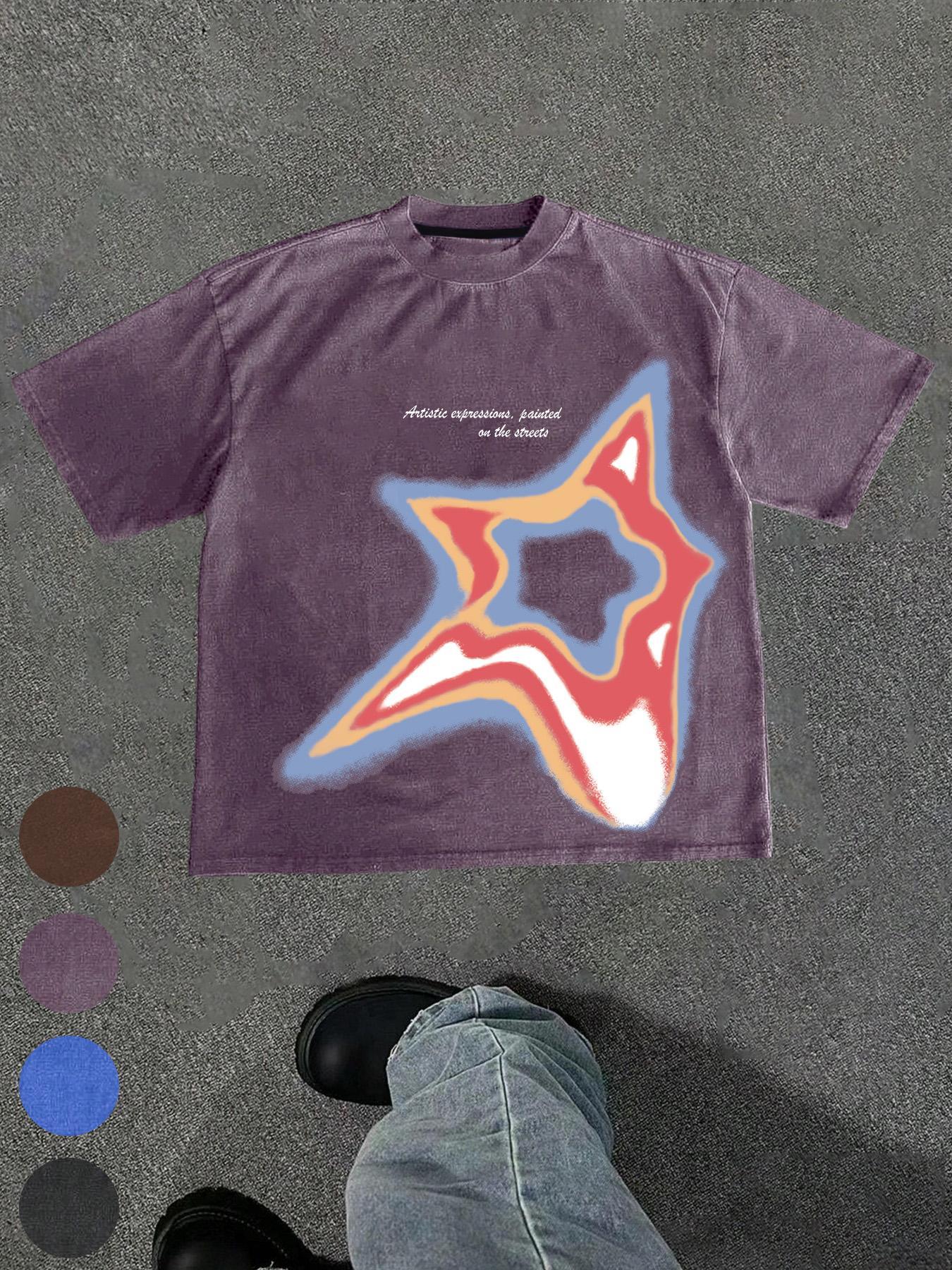 Men's Star Print Round Neck Tee, Regular Fit Casual Street Short Sleeve T-shirt for Summer, Men's Top for Daily Wear, Streetwear