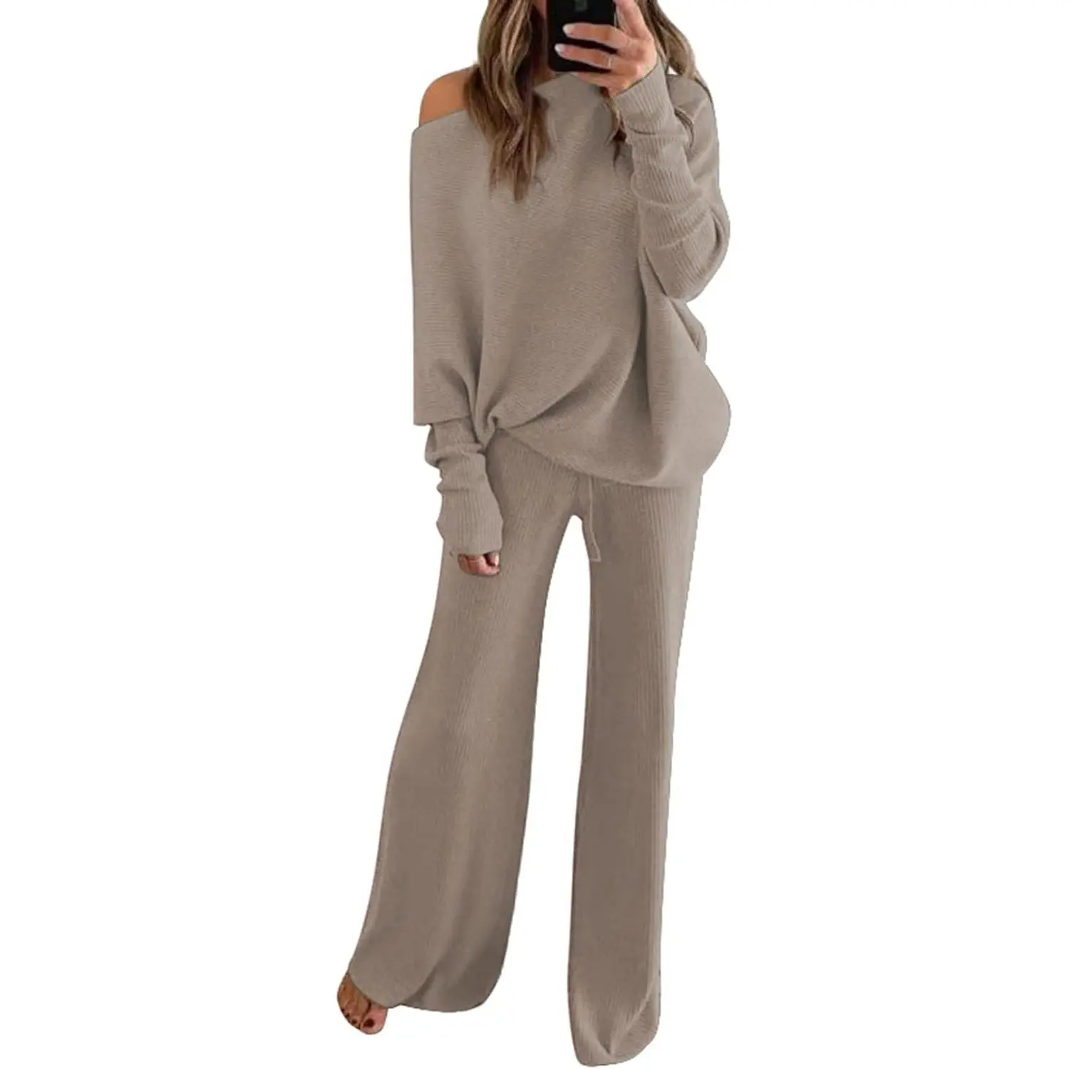 Women's 2-Piece Knit Fabric Outfit Set, Off-Shoulder Sweater, Wide Leg Pants for Maternity Wear