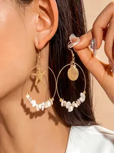 Oceanic Asymmetric Large Circle Earrings, 3D Starfish & Scallop Metal Pendant, Natural Pattern Stone, Long Elegant Ear Rings
