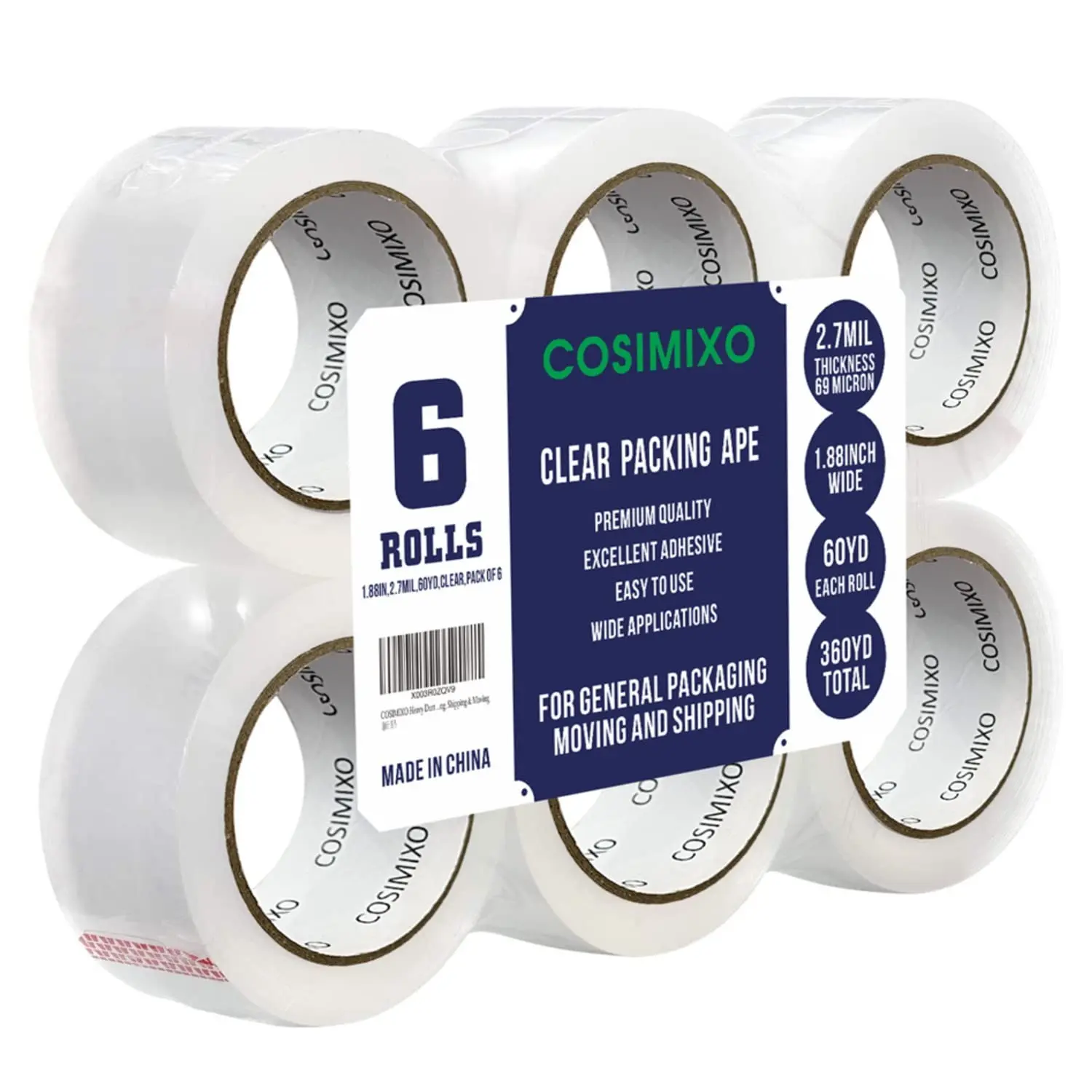 Heavy Duty Packing Tape 2.7mil x 1.88" x 60 Yards, 6 Rolls, Industrial 3" Core, Clear, Great for Packing, Shipping & Moving